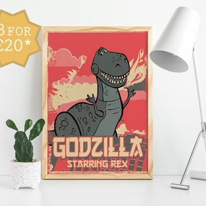 Godzilla Starring Rex Toy Story Mashup Print Poster - A3/A4 - Godzilla Print - Rex - Toy Story Print - Retro Art - Nostalgic Throwback