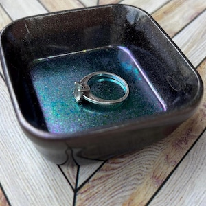 Iridescent Resin Trinket Dish – Holographic Square Tray, Handmade Catchall for Rings, Keys & Crystals