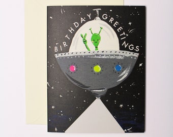 Space Birthday Card, Birthday Card for him, Birthday Card for brother, Alien Lover, Painted Birthday Card, Alien Lover (blank inside)