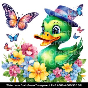 Adorable Green Duck with Flowers and Butterflies, Watercolor Clip Art Print, PNG Digital Download for T-Shirts, Mugs, Canvas, Posters, Bags