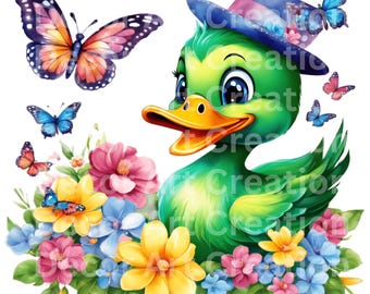 Green Duck Watercolor Art: Flowers and Butterflies (PNG Digital Download)