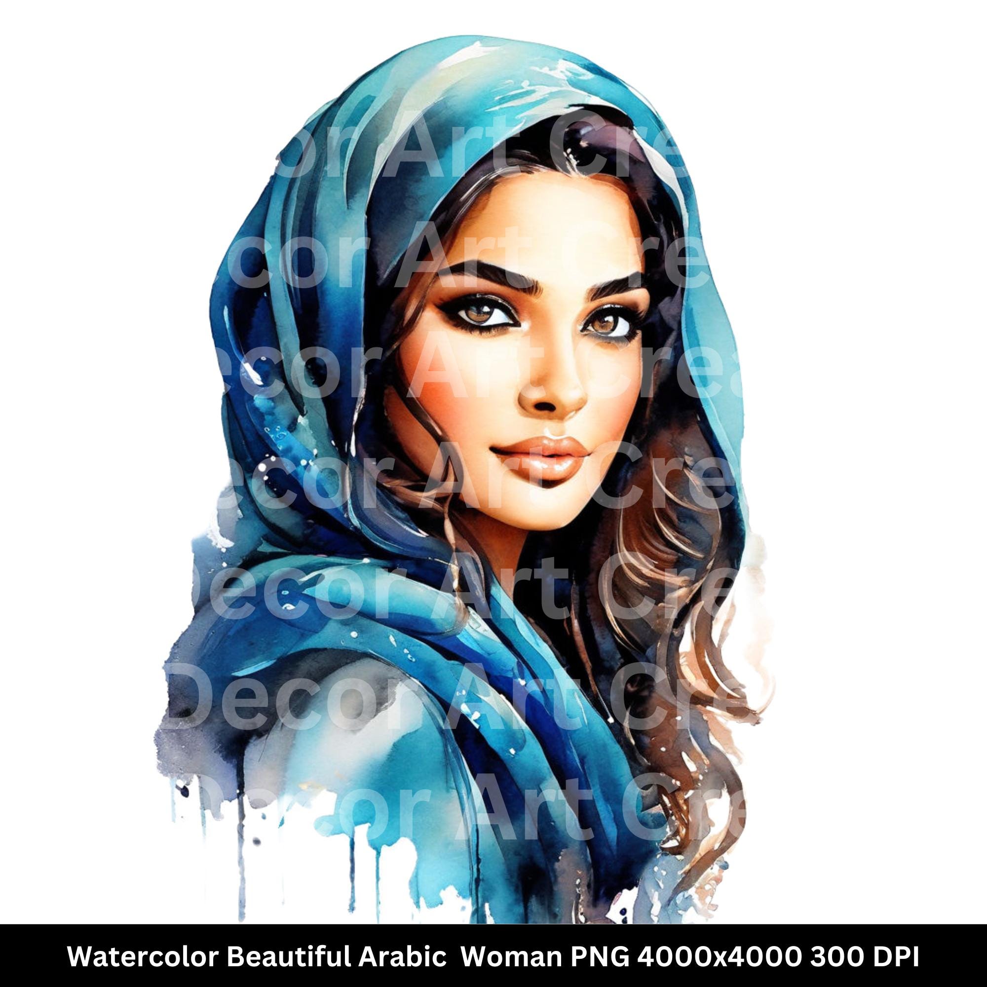 Arabic Woman Watercolor Portrait: Elegant Oriental Art (PNG Digital Download)