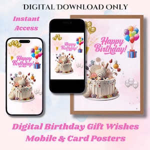 Buono regalo di auguri di buon compleanno - Biglietto digitale di alta qualità da 300 DPI per dispositivi mobili e poster/Cartoline stampabili, Regalo di compleanno con download istantaneo