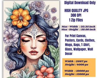 Floral Woman Portrait: Elegant Wall Art Print (Digital Download)