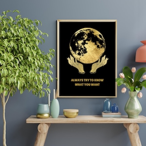 Gold Moon Mystic Hands Digital Wall Art, Printable Celestial Decor, Witchy Moon Phase Art, Boho Astrology Print, Minimalist Instant Download