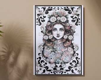 Talavera Woman Canvas Print: Black, White & Color Accents (Digital Download)