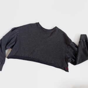 May include: A dark gray cropped sweatshirt with long sleeves. The sweatshirt has a crew neck and ribbed cuffs. The bottom hem is raw and unfinished. The fabric appears to be a soft, washed material.