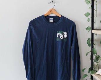 Vintage San Diego Zoo Panda Long Sleeve T-Shirt Navy Blue Gildan Ultra Cotton S