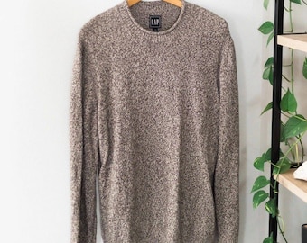 Vintage GAP Marled Crewneck Sweater Brown Gray Mens L Tall Knit Made Hong Kong