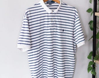 Vtg 90s Polo by Ralph Lauren Striped Polo Shirt White Navy XL Hong Kong Y2K Logo