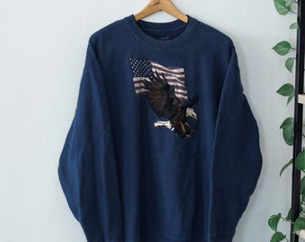 Vintage Croft & Barrow Bald Eagle Flag Sweatshirt L Navy Embroidered Y2K 00s USA
