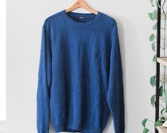 VTG Y2K IZOD Textured Blue Cotton Crewneck Sweater Mens Medium Made in Hong Kong