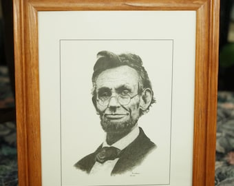 Framed Abraham Lincoln with Glasses Portrait Print, Trimborn 1987, Black & White Historic Wall Art, Office vintage | Library | Study Décor