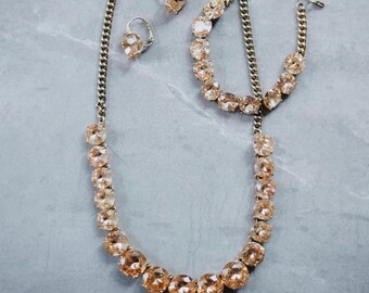 Vintage Fossil Crystal Jewelry Set – Necklace, Bracelet & Earrings | Champagne Rhinestones, Gold Tone | Stamped with Fossil