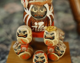 Vintage Japanese Daruma Dolls | Wooden Hand-Painted Stacking Mikoshi Darumas on Stand Tower | Folk Art Good Luck Charm | Zen Buddhist Decor