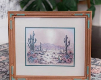 Southwestern Desert Landscape Wall Art Print in Wood Frame Cactus Sunset Scene