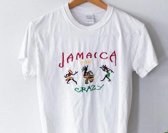Y2K Jamaica Me Crazy Embroidered T-Shirt Reggae Rasta Gildan Heavy Tee S VTG 00s