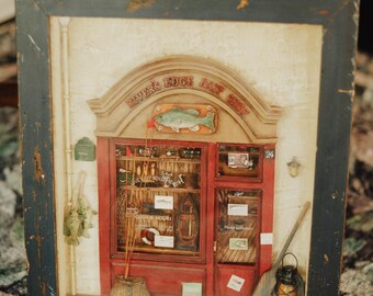 Vintage Shadow Box Wall Art Diorama | River’s Edge Bait Shop | Rustic Cabin Fishing Lodge Decor | 3D Miniature Storefront Framed Scene