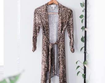 Vintage Leopard Print Duster Cardigan – Joseph Ribkoff – Size 6 Stretch Coverup House Coat Robe