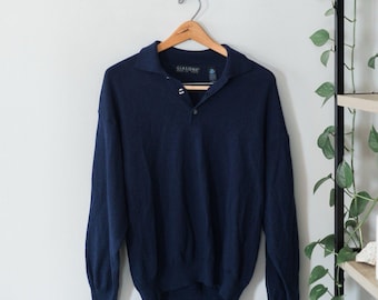 Vintage Giasone Made in Italy Merino Wool Polo Sweater Navy L Woolmark Luxury