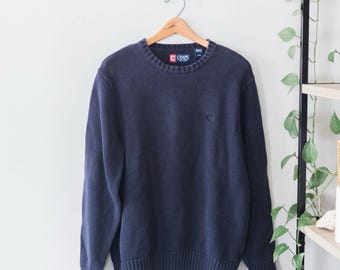 Vtg Y2K Chaps Mens Navy Blue Cotton Crewneck Sweater L/G Classic Knit Pullover