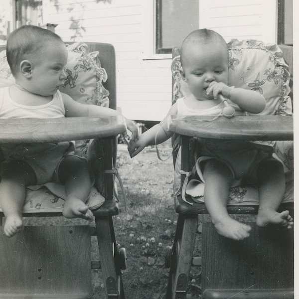 Babies Holding Hands : 1940's Sweet Toddler Children Candid Twins Vintage Vernacular Photo Family Photo Affection Love