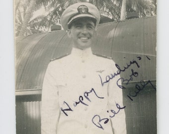 Happy Landings : 1940's Captain Smiling In Uniform John Hamm Look-A-Like Candid Snapshot Vintage Vernacular Photo Navy Naval Officer