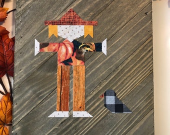 Scarecrow, Barn quilt block,fabric wood quilt block,fall wood quilt block,barn quilt wall art,wooden quilt,autumn wood decor,farmhouse decor