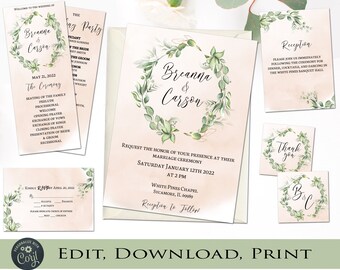 Peach, Green Foliage with Gold Detail Wedding Invitation Suite Template, Instant Download, Watercolor Boho Style, Try Before You Buy  A109