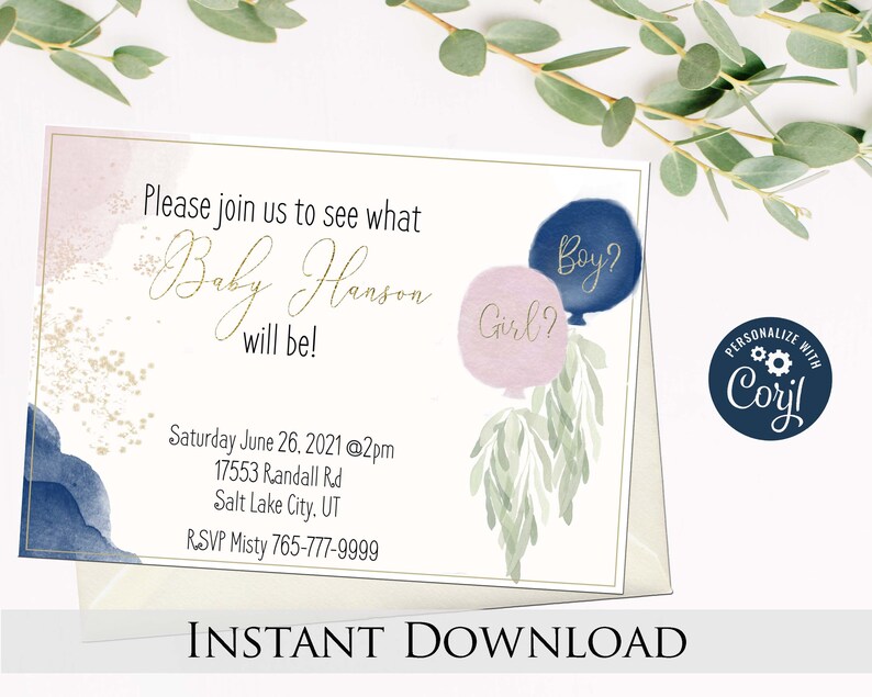 Gender Reveal Invitation Blush Pink Navy Blue With Gold Etsy
