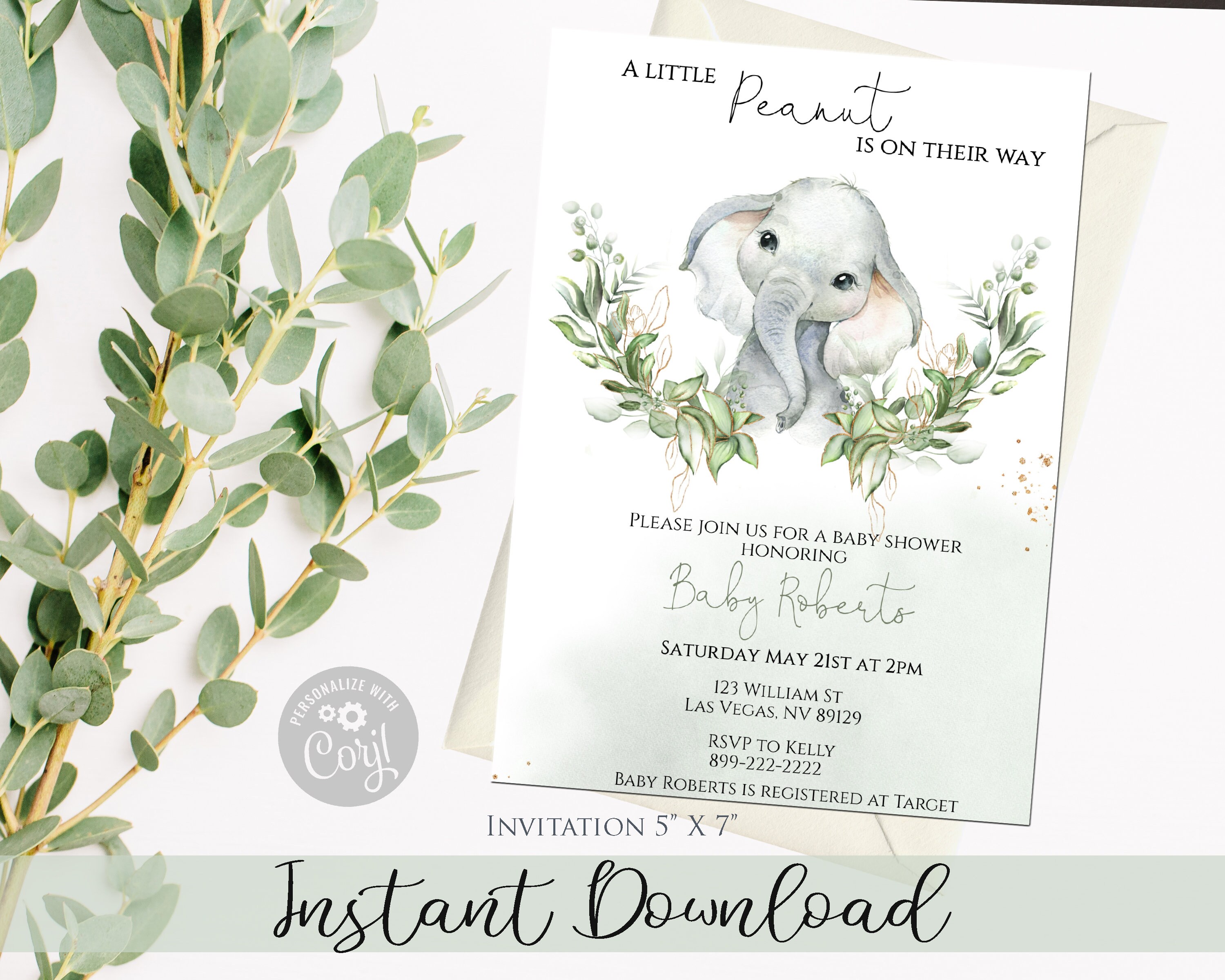 Boho Gender Neutral Elephant Baby Shower Invitation Template, Eucalyptus Green Baby Shower