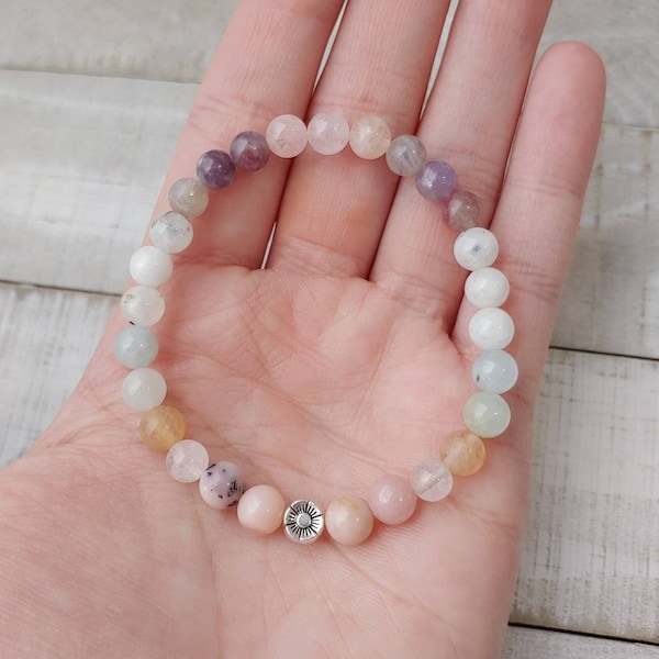 Spring Equinox Bracelet, 6mm | Morganite, Lepidolite, Aquamarine, Moonstone, Yellow Quartz, Pink Opal | Ostara Ritual Bracelet