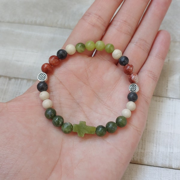 Irish Mixed Marble Cross Bracelet with Connemara, Ulster White, Kilkenny Black & Cork Red Marbles | Wisdom, Grounding, Earth Connection