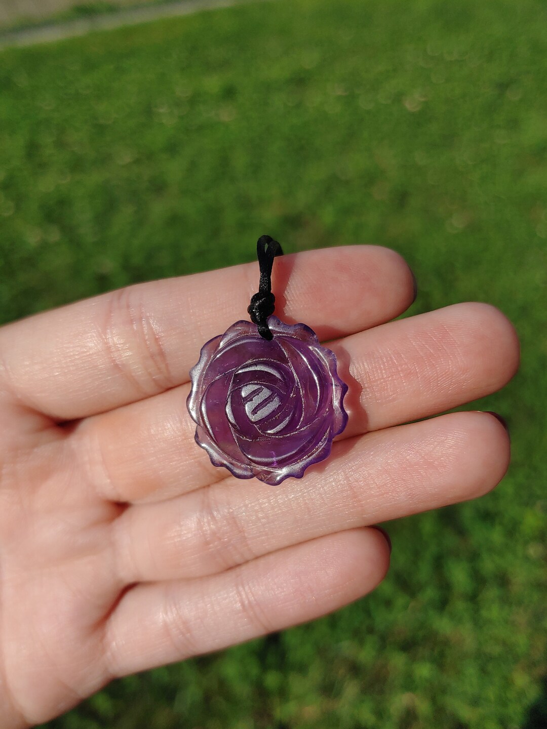 Amethyst Flower Pendant With Black Cord, Handcarved 25mm Amethyst
