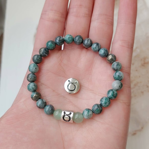 Taurus Zodiac Bracelet, Pyrite in Jade and Green Aventurine Beads | Bracelet for Abundance, Good Luck, Manifesting, Positivity