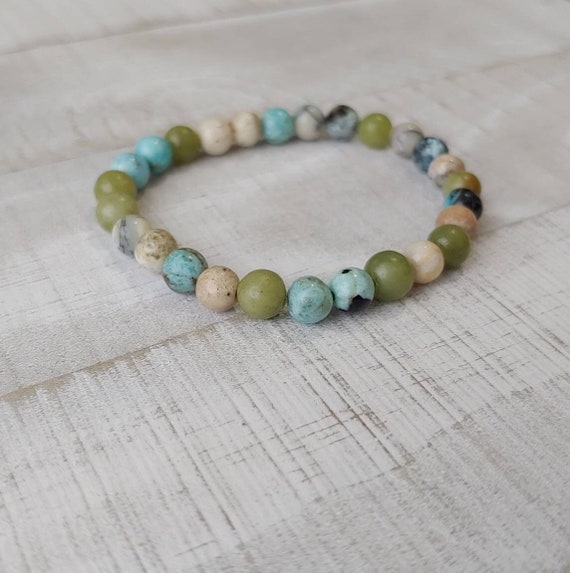 Opal and Serpentine Bracelet | Andean Blue Opal and African White Opal with Green Serpentine | Water and Earth, Grounding, Calming, Balance
