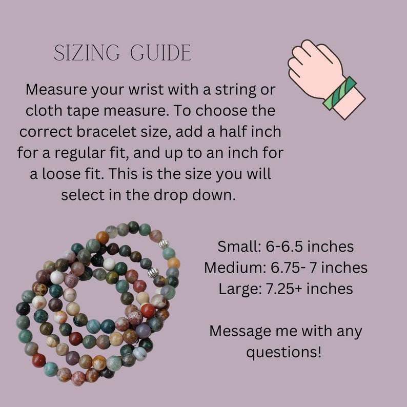 Puede incluir: Imagen que muestra una gu&iacute;a de tallas para pulseras. La gu&iacute;a incluye instrucciones sobre c&oacute;mo medir la mu&ntilde;eca y seleccionar la talla correcta de la pulsera. La imagen tambi&eacute;n muestra varias pulseras de cuentas en varios colores y tama&ntilde;os. Peque&ntilde;o: 15,2-16,5 cm, Mediano: 17,1-17,8 cm, Grande: 18,4+ cm.