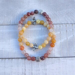 Bee and Flower Bracelet for Bee Lovers and Gardeners | Genuine Crystal Mix of Yellow Opal, Aventurine, & Quartz | Bee Bracelet Gardener Gift
