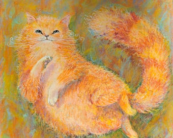 オリジナルオイルパステル画：猫の壁アート（5.5インチ×6.5インチ