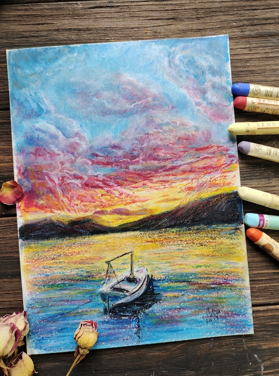 Sunset Over Lake Oil Pastel Painting Original Art Boat Painting Colorful  Landscape Lake House Decor Wall Art 