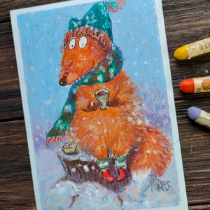 Peinture de renard rigolote, oeuvre d'art miniature originale, carte postale animale, chambre d'enfants, décoration d'art, oeuvre d'art murale renard pastel à l'huile, par ArtStudiaLISa