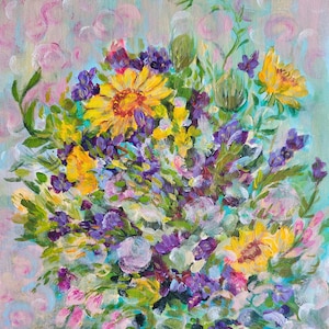 Flower Painting Bouquet Original Art Country House Wall Art Summer Flowers Wall Art Acrylic Painting 12&quot; by16&quot; by ArtStudiaLisa