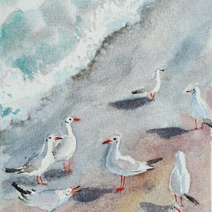 Seagulls Watercolor Original Painting Ocean Miniature Wall art Sea Bird Decor 7 by 5