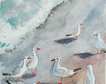 Seagulls Watercolor Original Painting Ocean Miniature Wall art Sea Bird Decor 7 by 5