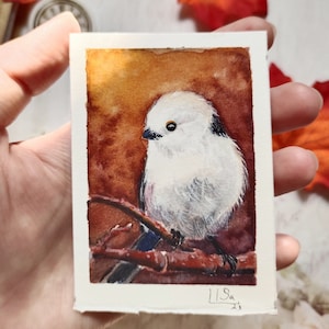ACEO Karte Original Gemälde ACEO Aquarell Vogel Sammlung Schwanzmeise Herbst Miniatur Home Decor 2.5 "x 3.5" von ArtStudiaLisa