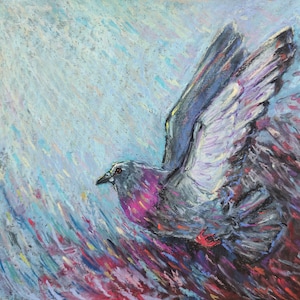 Pigeon Original Painting Bird Art Oil pastel Artwork Flying Dove Wall Art 13&quot; by 10&quot;