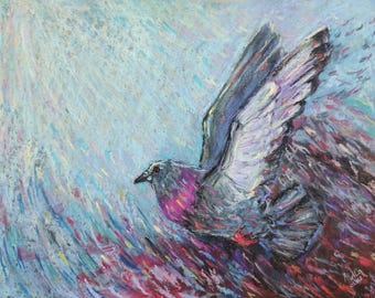 装飾的な印象派の鳥、鳩、オリジナルのソフトパステル画、紙に描かれた