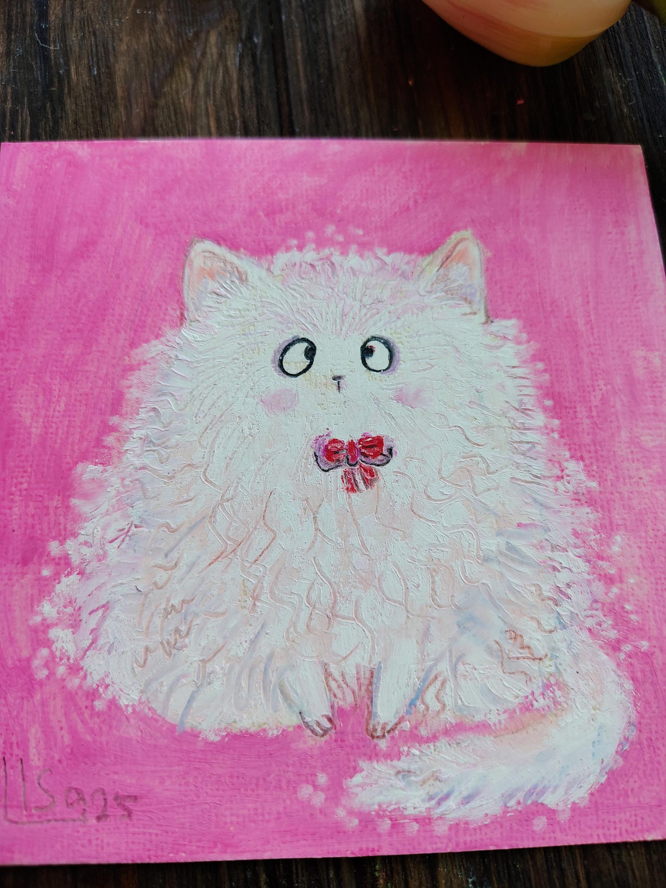 White Cat Oil Pastel Painting, Pink Animal Portrait (4.5" Square) - Etsy