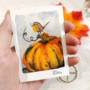 Robin e zucca pittura animale dipinto a mano arte originale carta ACEO acquerello opera d'arte in miniatura Home Decor 3,5 x 2,5 di ArtStudiaLISa