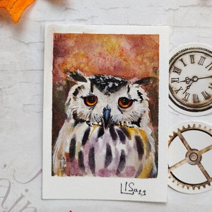 Búho acuarela miniatura pintura original ACEO tarjeta animal pared decoración regalo amor pájaro 3.5 por 2.5 por ArtStudiaLISa